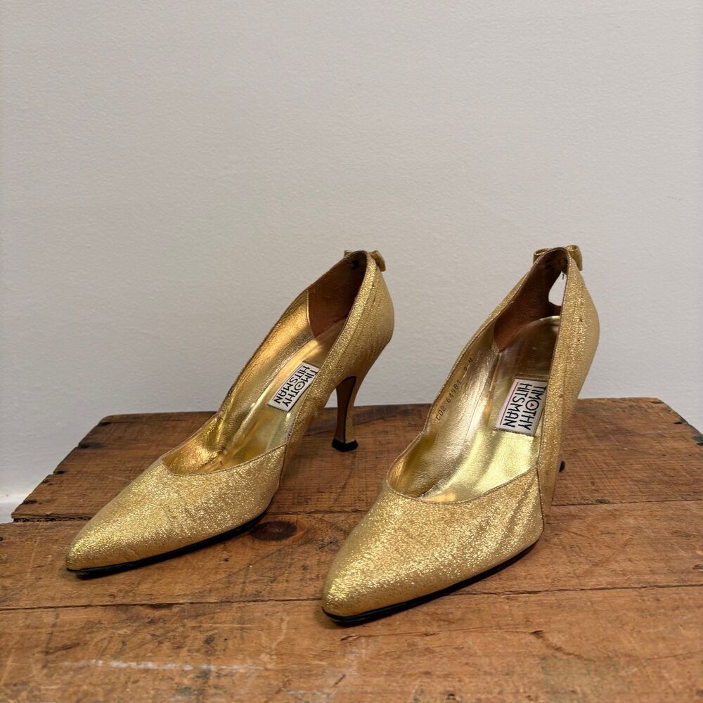 Vintage 80s Timothy Hitsman Gold Metallic High Heel Pumps Sz 9